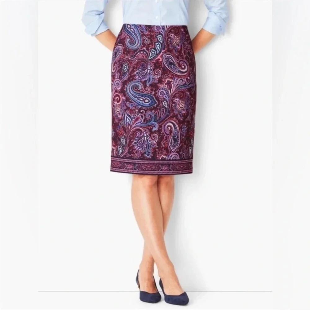 Talbots Womens Pencil Knee Length Skirt Size 6 Purple Paisley Stretch NWT $109